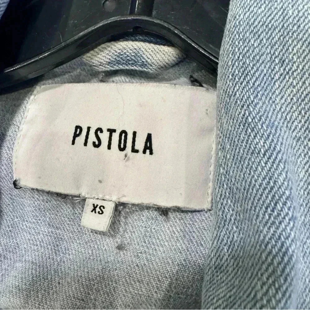 Pistola Women's Blue Denim Jacket Light Wash Distressed Raw Hem Cropped Size XS - Picture 5 of 8